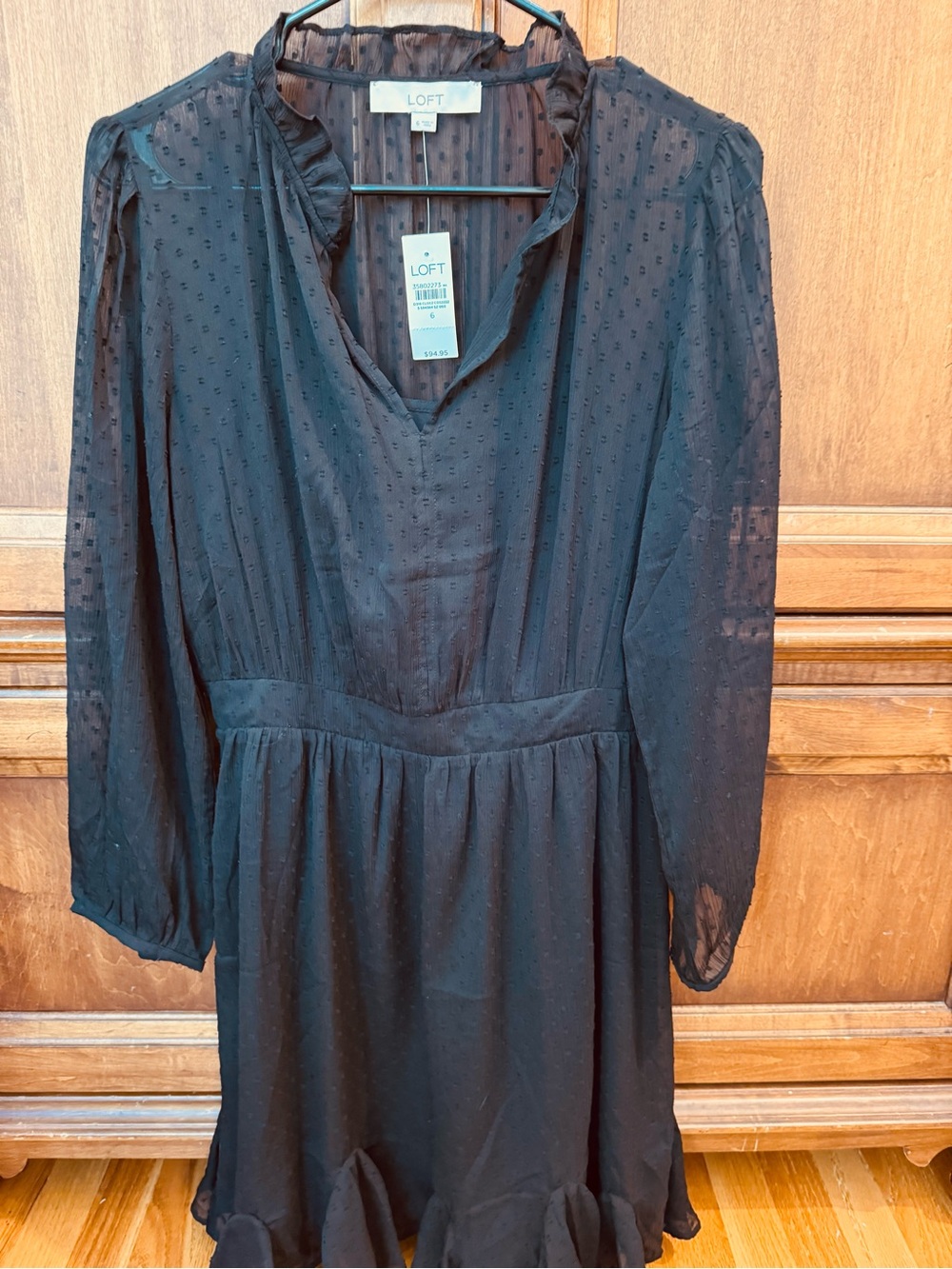 LOFT Black Swiss Dot Long Sleeve V-Neck Dress S NWT